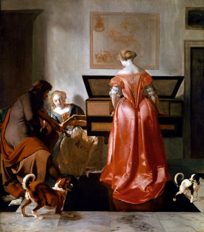 Kobieta grająca na wirginale, inna śpiewająca i mężczyzna grający na skrzypcach. 1675-1682. (olej na płótnie) autorstwa Jacob Ochtervelt