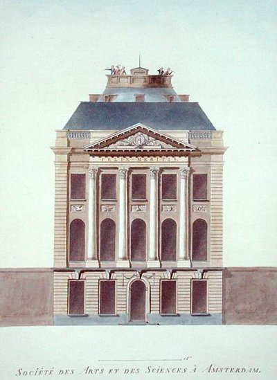 Society of Arts and Sciences, Amsterdam, z „Choice of the Most Outstanding Monuments, Buildings and Houses of the Kingdom of the Netherlands” Pierre Jacques Goetghebuer, opublikowanej w 1827 r. (akwatinta) autorstwa Jacob Otten Husly