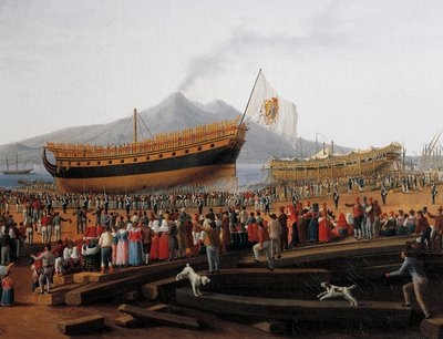 Wodowanie statku w stoczni Castellammare di Stabia (olej na płótnie) autorstwa Jacob Philippe Hackert