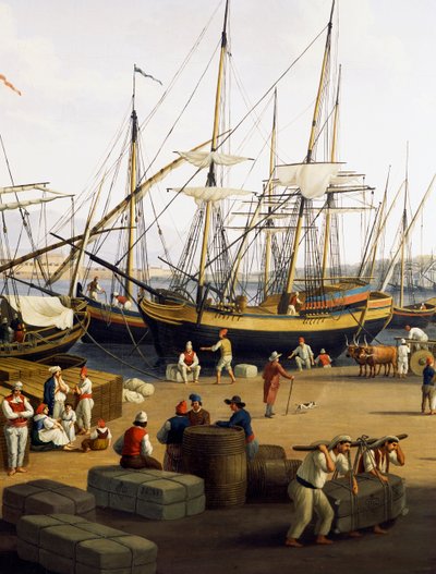 Dokerzy, fragment Widoku Portu w Mesynie z Palazzo del Senato autorstwa Jacob Philippe Hackert