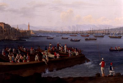 Zatoka Neapolitańska w pobliżu Santa Lucia pokazuje floty morskie powracające z Algieru autorstwa Jacob Philippe Hackert