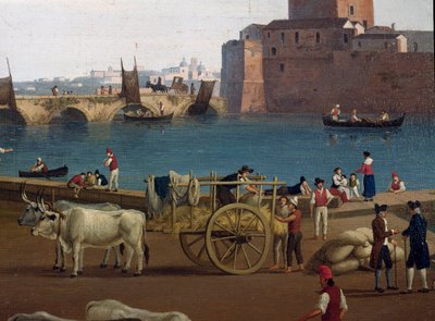 Widok na port Taranto (Taranto) we Włoszech w XVIII wieku Dokerzy w porcie wyładowujący towar, powóz ciągnięty przez woły - Obraz Jacoba Philippa Hackerta dit Hackert d