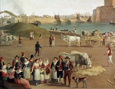 Widok na port w Taranto, szczegóły działalności handlowej, pracowników i ludzi w tradycyjnych strojach (Malarstwo autorstwa Jacob Philippe Hackert