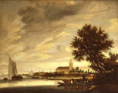 Krajobraz rzeczny z promem na pierwszym planie autorstwa Jacob Salomonsz. (circle of) Ruysdael