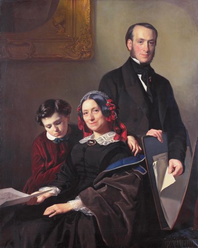 Pani A.J. Schmidt-Keiser, wdowa po malarzu Willemie Hendriku Schmidcie (1809-49), nauczycielu Jacoba Spoela, z bratem J.N. Keiserem i dziesięcioletnim synem. autorstwa Jacob Spoel