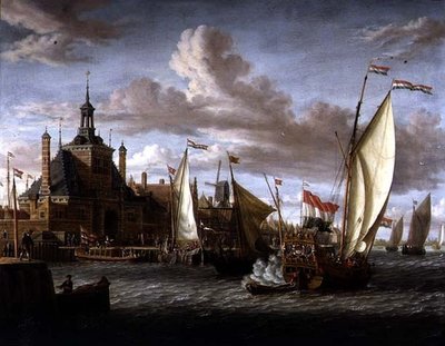 Jacht państwa Zeeland oddający salut u wybrzeży Dude Hoofdpoort w Rotterdamie (olej na płótnie) autorstwa Jacob Storck