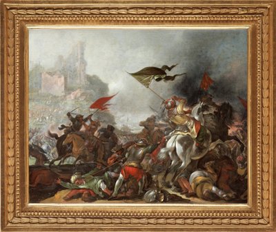 Bitwa między Turkami a chrześcijanami podczas zdobycia Konstantynopola przez wojska osmańskie w 1453 r. - Obraz Jacoba Matthiasa Weyera (1620-1670), olej na desce (39x49 cm) - Wojna turecka, Olej na desce autorstwa Jacoba Matthiasa Weyera - Kolekcja prywat autorstwa Jacob Weyer