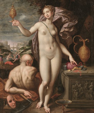 Junona trzymająca złote naczynie i sakiewkę (olej na płótnie) autorstwa Jacob de (studio of) Backer