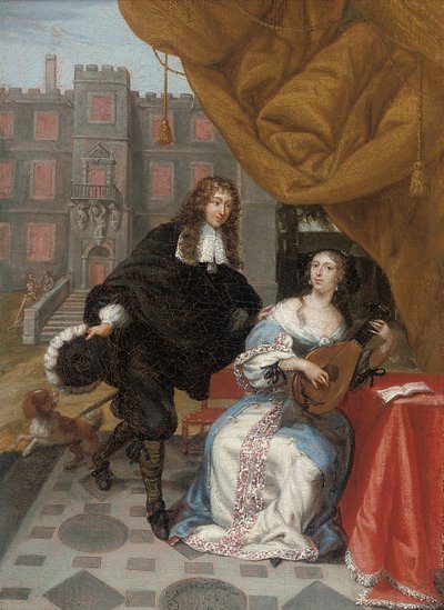 Dżentelmen zabiegający o damę muzykującą na dziedzińcu, 1668 autorstwa Jacob de Fourmentrou