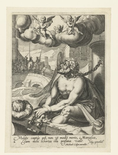 Manasses jako skruszony grzesznik Ośmiu skruszonych grzeszników ze Starego i Nowego Testamentu (tytuł serii) autorstwa Jacob de Gheyn (II) (workshop of)