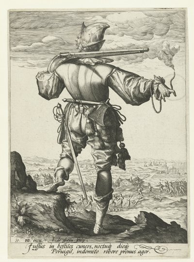 Muszkieter (harquebusier?) w hełmie Oficerowie i żołnierze (tytuł serii) autorstwa Jacob de Gheyn (II)