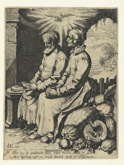 Stara para się modli Vreedsamich paer (tytuł na obiekcie) autorstwa Jacob de Gheyn (III)