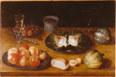 Martwa natura z owocami, ze szkłem i bułką, na drewnianej półce autorstwa Jacob de Gheyn II
