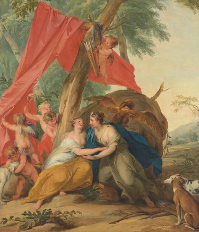 Jowisz w przebraniu Diany uwodzi nimfę Callisto autorstwa Jacob de Wit (signed by artist)