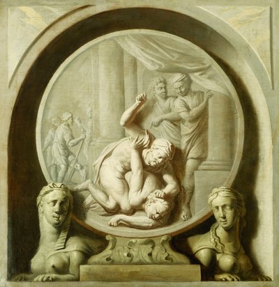 Ozdobny rondel z Odyseuszem walczącym z żebrakiem i Sfinksami autorstwa Jacob de Wit