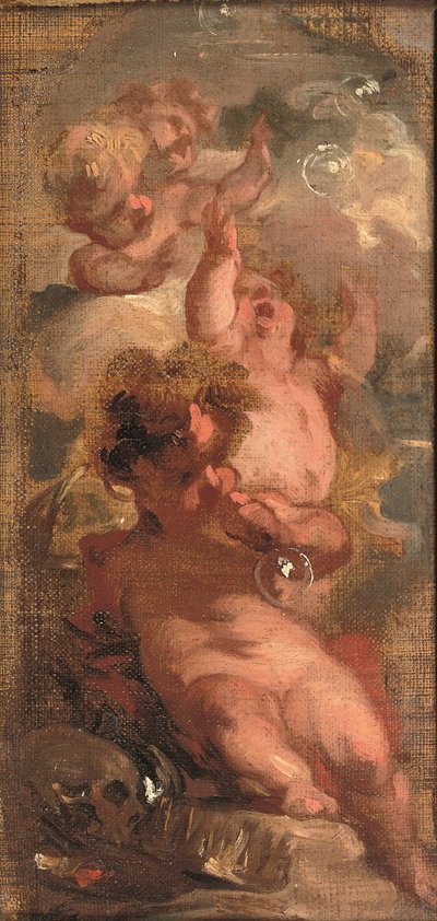 Alegoria Vanitas: cztery bąbelki dmuchające putta, czaszka, paleta artysty i korona w pobliżu (olej na płótnie ułożony na desce) autorstwa Jacob de Wit