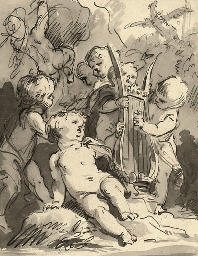 Putti grający na lirze (czerwona kreda, długopis i czarny tusz i szare wash) autorstwa Jacob de Wit