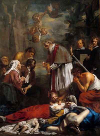 Święty Macaire z Gandawy ratujący pestiferes Święty Macaire jest ormiańskim mnichem z XI wieku. Obraz Jakuba II van Oosta (1637-1713) 1673 Nd. 3,5x2,57 m² autorstwa Jacob the Younger Van Oost