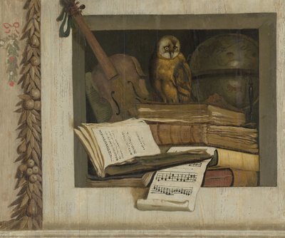Martwa natura z książkami, nutami, skrzypcami, niebiańskim globusem i sową autorstwa Jacob van Campen