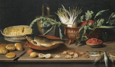 Martwa natura z rybą na terakotowym talerzu, pęczkami szparagów, karczochami i wiśniami w zapiekanym naczyniu, wraz z połową sera w koszyku, bułkami, fraises de bois, cytrynami, pomarańczami i krabami ułożonymi na blacie stołu. autorstwa Jacob Van Es