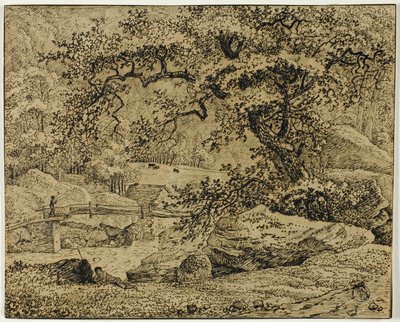 Krajobraz z postacią odpoczywającą pod drzewem autorstwa Stream autorstwa Jacob van Ruisdael
