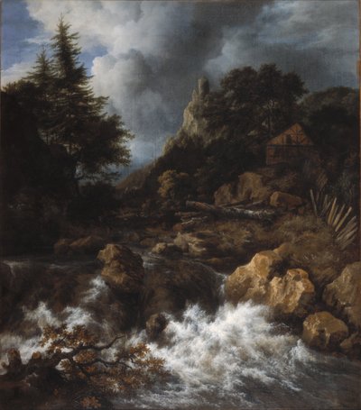 Wodospad z domem z muru pruskiego i zamkiem autorstwa Jacob van Ruisdael