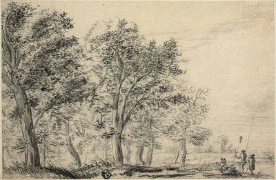 Zalesiony krajobraz rzeki z trzema osobami łowiącymi ryby autorstwa Jacob van Ruisdael