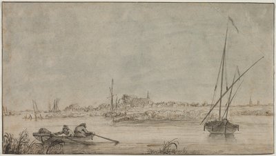 Widok Dordrechtu z rzeki, 1775-1815. autorstwa Jacob van Strij