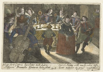 Dinerende studenten en muzikanten Mistrz ikonograficznych żartów wśród studentów (...) (tytuł serii) autorstwa Jacob van der Heyden