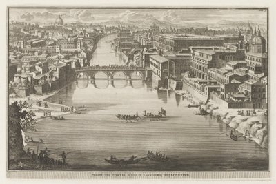 Widok na Rzym z Ponte Sisto nad rzeką Tyber Prospectus Pontis Sixti IV locorumq adjadentium (tytuł na obiekcie) Widoki Rzymu (tytuł serii) La Galerie agreable du mond (...) divisée en LXVI tomes... Cette partie comprend le Rome moderne autorstwa Jacobus Baptist