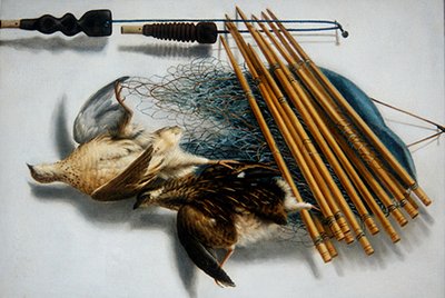 Martwa natura z dwoma przepiórkami i akcesoriami myśliwskimi autorstwa Jacobus Biltius