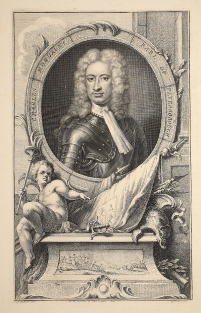 Portret Charlesa Mordaunta, hrabiego Peterborough, ilustracja z książki "Heads of Illustrious Persons of Great Britain", wydanej przez Knapton, Londyn 1742. autorstwa Jacobus Houbraken