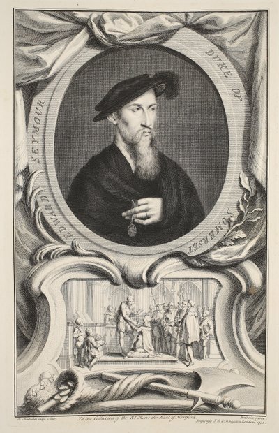 Portret Edwarda Seymoura, księcia Somerset, ilustracja z książki "Heads of Illustrious Persons of Great Britain", wydanej przez Knapton, Londyn 1742. autorstwa Jacobus Houbraken