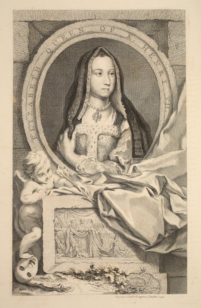 Portret Elżbiety, królowej Henryka VII, ilustracja z „Głów wybitnych osobistości Wielkiej Brytanii”, wyd. autor: Knapton, Londyn 1742 autorstwa Jacobus Houbraken