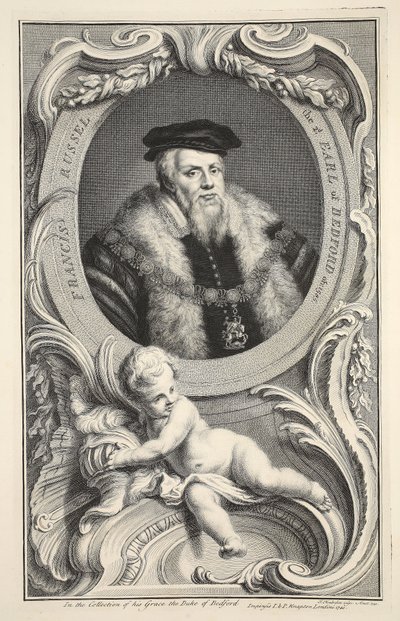 Portret Francisa Russella, ilustracja z „Heads of Illustrious Persons of Great Britain”, wyd. autor: Knapton, Londyn 1742 autorstwa Jacobus Houbraken