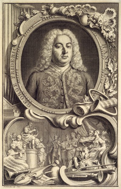 Portret G.F. Handel, z napisem „Izrael w Egipcie”, wydany w Londynie autorstwa Jacobus Houbraken