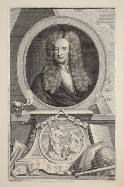 Portret Isaaca Newtona, ilustracja z „Heads of Illustrious Persons of Great Britain”, wyd. autor: Knapton, Londyn 1742 autorstwa Jacobus Houbraken