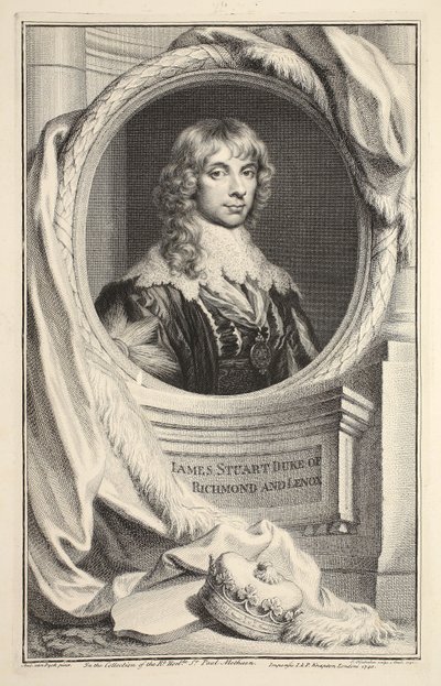 Portret Jamesa Stuarta, księcia Richmond i Lennox, ilustracja z „Heads of Illustrious Persons of Great Britain”, wyd. autor: Knapton, Londyn 1742 autorstwa Jacobus Houbraken