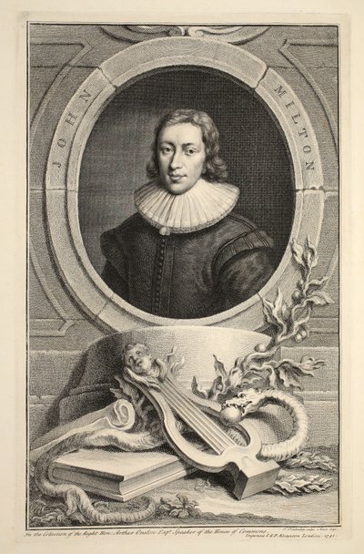 Portret Johna Miltona, ilustracja z „Heads of Illustrious Persons of Great Britain”, wyd. autor: Knapton, Londyn 1742 autorstwa Jacobus Houbraken