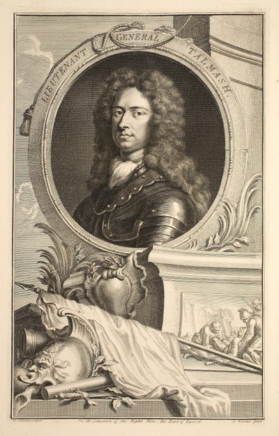 Portret generała porucznika Talmasza, ilustracja z "Heads of Illustrious Persons of Great Britain", wyd. Knapton, Londyn 1742 autorstwa Jacobus Houbraken