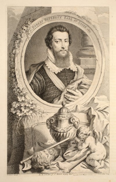 Portret Roberta Devereux, hrabiego Essex, 1601, ilustracja z „Głowy wybitnych osobistości Wielkiej Brytanii”, wyd. autor: Knapton, Londyn 1742 autorstwa Jacobus Houbraken