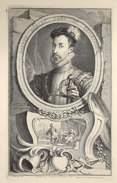 Portret Roberta Dudleya, hrabiego Leicester, ilustracja z „Heads of Illustrious Persons of Great Britain”, wyd. autor: Knapton, Londyn 1742 autorstwa Jacobus Houbraken