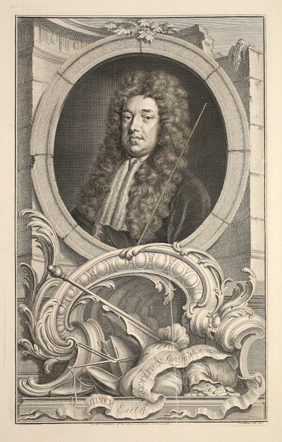 Portret Sidneya, hrabiego Godolphin, ilustracja z „Heads of Illustrious Persons of Great Britain”, wyd. autor: Knapton, Londyn 1742 autorstwa Jacobus Houbraken