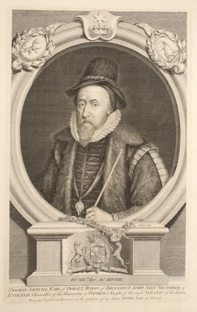 Portret Thomasa Sackville, hrabiego Dorset, barona Buckhurst, ilustracja z „Heads of Illustrious Persons of Great Britain”, wyd. autor: Knapton, Londyn 1742 autorstwa Jacobus Houbraken