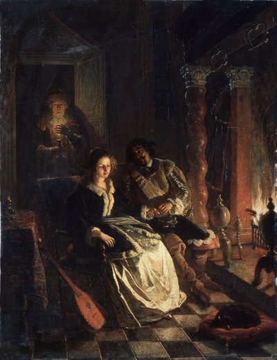 „Le Rendez vous” (Rendezvous) Scena uwodzenia, młoda dziewczyna zalotna przez dżentelmena, który wyznaje jej miłość przy kominku. Obraz Jacob Joseph Eckhout (1793-1861) 1852 Państwowe Muzeum Sztuki Republiki Białoruskiej, Mińsk, Białoruś autorstwa Jacobus Josephus Eeckhout