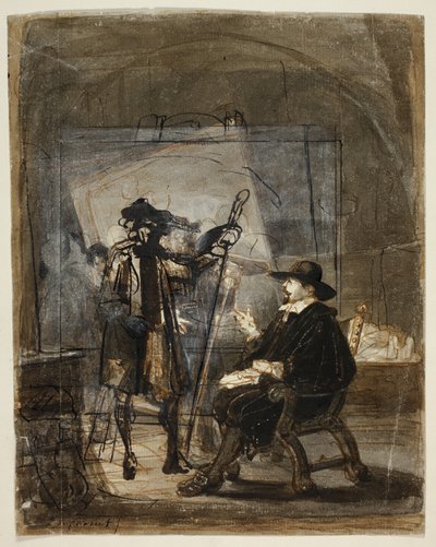Dr Nicholas Tulp w pracowni Rembrandta (recto); Scena z życia Rembrandta () (verso) autorstwa Jacobus Ludovicus Cornet