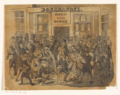 Tłum przed księgarnią po De Komiek autorstwa Jacobus Wilhelmus Adrianus Hilverdink (possibly)