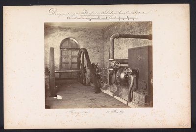 Pompownia parowa z pompami odśrodkowymi / Kralingen den 14 maja 1869 (tytuł na obiekcie) Odzyskiwanie jezior w Schieland na wschód od Rotterdamu (tytuł serii na obiekcie) autorstwa Jacobus van Gorkom jr.