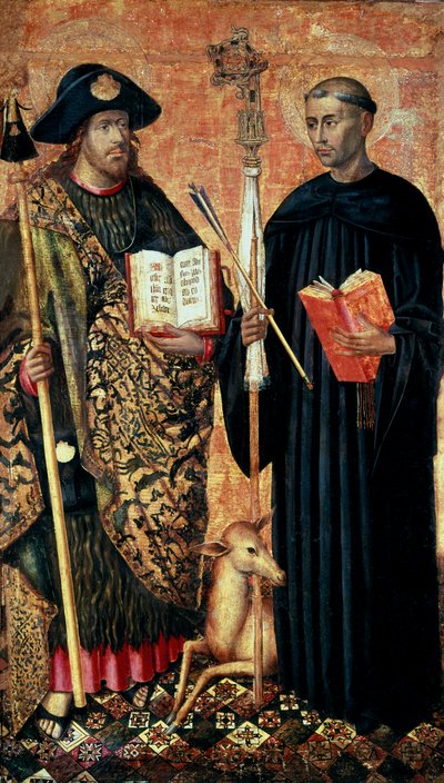 Św. Jakub z Composteli reprezentowany w pelerinie z laską, kapeluszem i muszlą. i pustelnik św Gilles (VII w.), ok.1450 (tempera i olej na desce) autorstwa Jacomart (c.1413 61) Baco