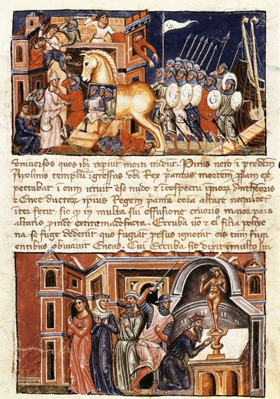Oblężenie i szturm miasta Troi, miniatura z „Historia Destructionis Troiae” Guido delle Colone (ok. 1210-ok. 1287) autorstwa Jacome Cromberger